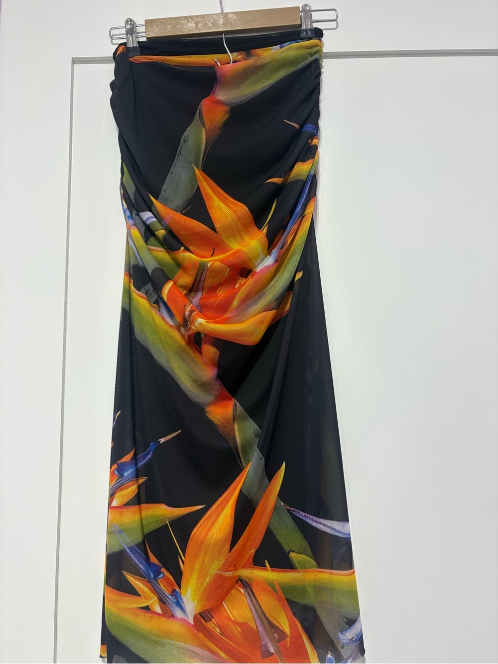 Zara Black Swim Sarong with Orange and Green Tropical Print